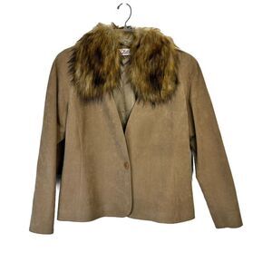 VTG‎ Lilli Ann UltraSuede Jacket Coat Woman Tan Faux Fur Collar 1 Button Union
